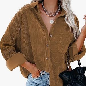 Plus Size Tan Corduroy Oversized Button Down Shirt Jacket